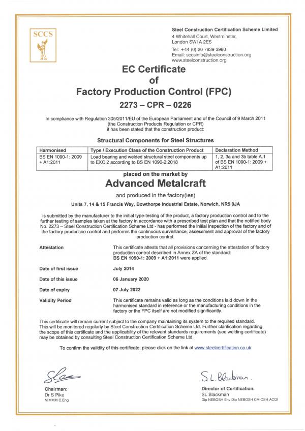 Advanced Metalcraft EC Cert to 07 July 2022